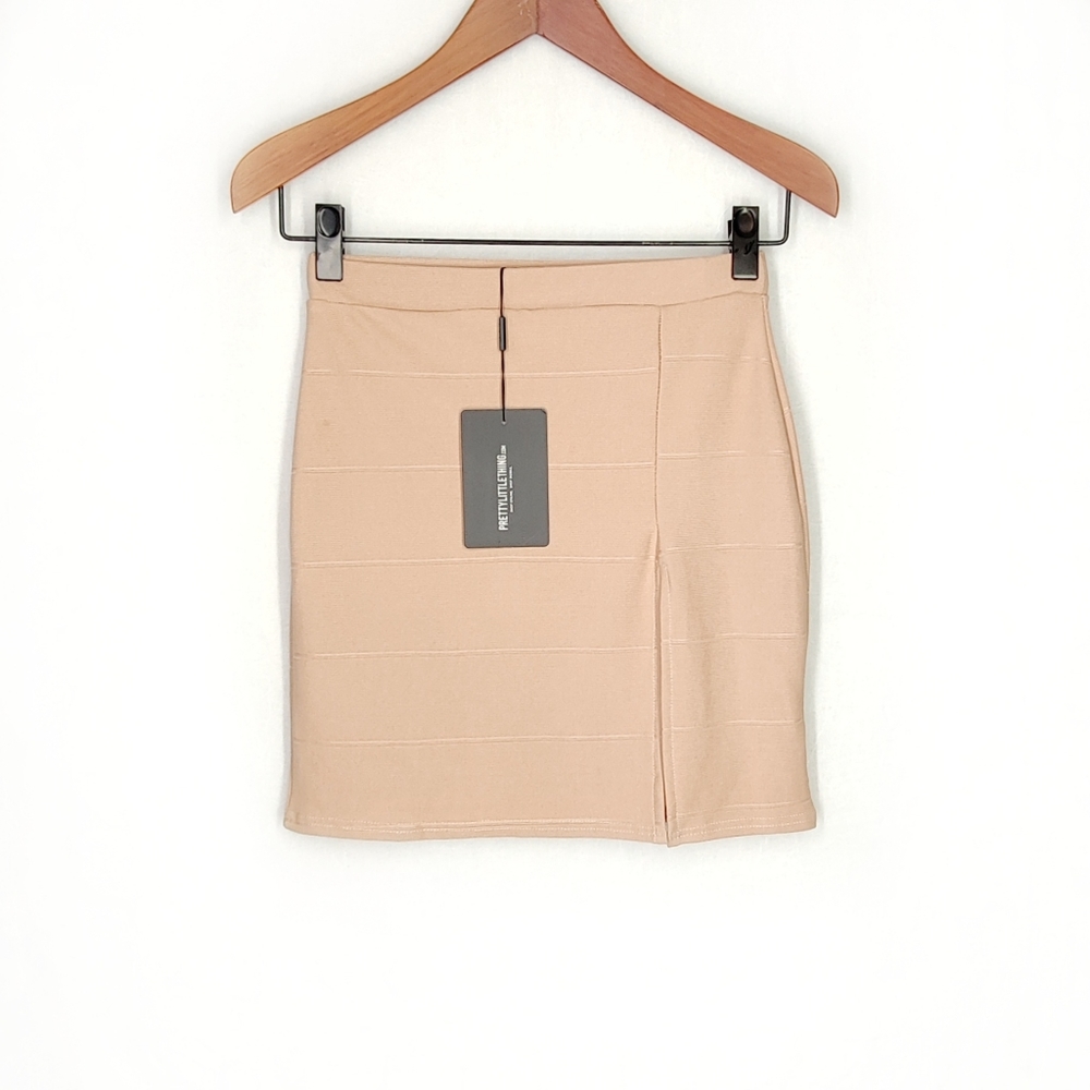 Pretty little thing split mini skirt, size 6, NWT, nude tone, prettylittlething